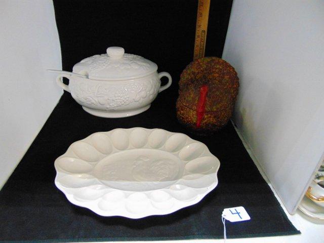 Ceramc Soup Tureen W/ Plastic Ladle, Ceramic Rooster Themed Deviled Egg