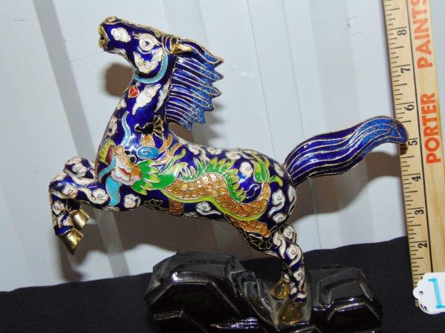 Vtg Rearing Cloisonne Horse W/ Custom Wood Stand