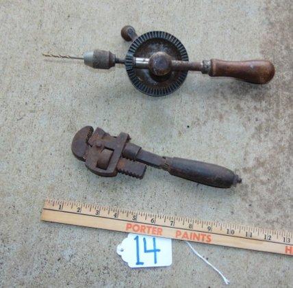 2 Vtg Tools: Hand Drill & Manual Cast Iron Wrench