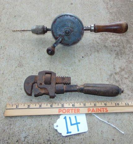 2 Vtg Tools: Hand Drill & Manual Cast Iron Wrench