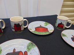 6 Stoneware Snack Plates & 4 Matching Coffee Mugs " Barns " Designed By