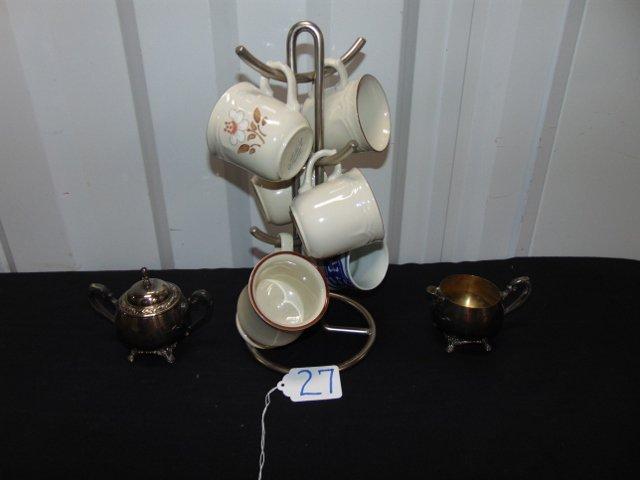 Vtg Silver Plated Creamer & Sugar Bowl & Mug Rack W/ Mugs