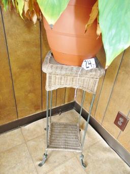 Rattan W/ Wrought Iron Framing Plant Stand & A Live Potted Plant (lobby)