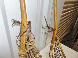 2 Vtg Leather & Gut Netted W/ Bamboo Stick Handles LaCrosse Sticks