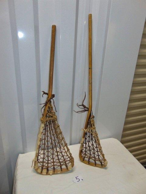 2 Vtg Leather & Gut Netted W/ Bamboo Stick Handles LaCrosse Sticks