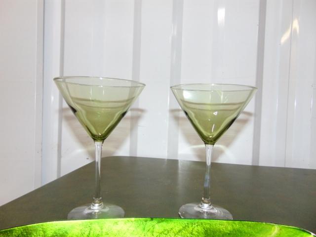 2 Olive Green Crystal Martini Glasses, 2 Chambord Glasses & A Green Metal