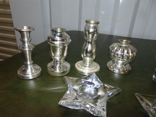 4 Silver Plated Candle Holders, 2 Glass Candle Holders W/ Pear Shaped Candles &