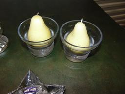 4 Silver Plated Candle Holders, 2 Glass Candle Holders W/ Pear Shaped Candles &