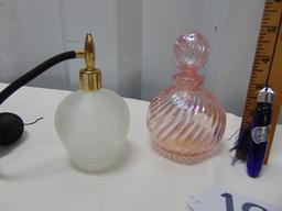 Lot Of 4 Perfume Bottles: Crackle Glass W/ Atomizer; Pink Swirled Carnival Glass;