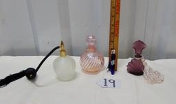Lot Of 4 Perfume Bottles: Crackle Glass W/ Atomizer; Pink Swirled Carnival Glass;