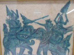 Vtg Hand Colored Engraved Art Of 2 Warriors Battling On Elephants