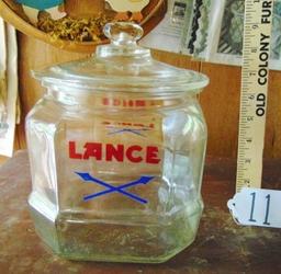 Vtg Lance All Glass Counter Top Snacks Jar W/ Embossed Lid