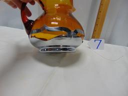 Vtg Farber Bros Chrome - Kraft Amber Glass Pitcher W/ Chrome Fitting