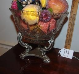 Vtg Thick Lead Crystal Bowl On A Godinger Silver Plated Stand W/ Faux Fruit & Berries