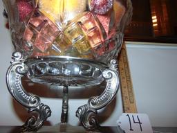 Vtg Thick Lead Crystal Bowl On A Godinger Silver Plated Stand W/ Faux Fruit & Berries