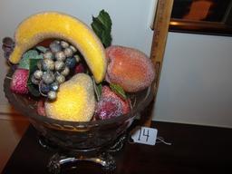 Vtg Thick Lead Crystal Bowl On A Godinger Silver Plated Stand W/ Faux Fruit & Berries