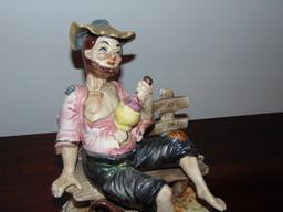 Vtg Capodimonte Italy Hobo On Bench W/ Jug & Porcelain Figure