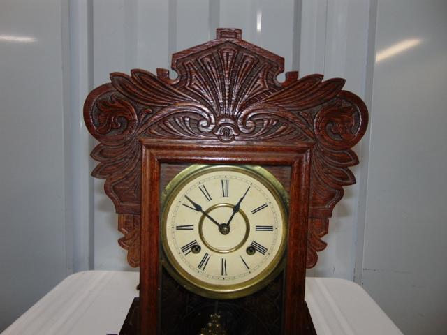 Antique Oak Wood Gingerbread Mantle Clock