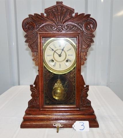 Antique Oak Wood Gingerbread Mantle Clock