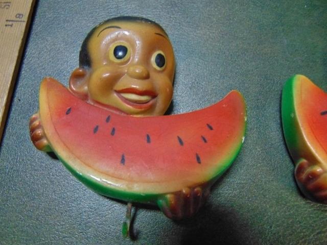 Vtg Chalkware Black Americana Girl & Boy Eating Watermelon Pot / Key Holders