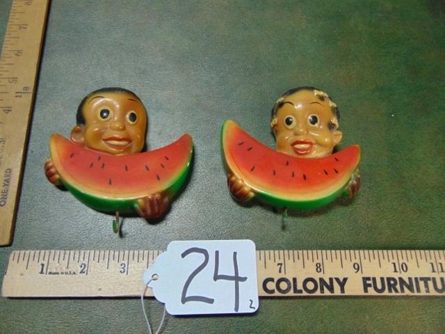 Vtg Chalkware Black Americana Girl & Boy Eating Watermelon Pot / Key Holders