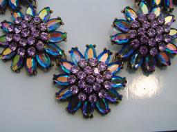 Beautiful Necklace & Earring Set W/ Lavendar Rhinestones Surrounded By