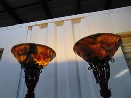 Matching Pair Of Ornate Antique Floor Lamps W/ Marble Shades LOCAL PICK UP ONLY