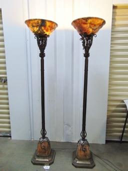 Matching Pair Of Ornate Antique Floor Lamps W/ Marble Shades LOCAL PICK UP ONLY