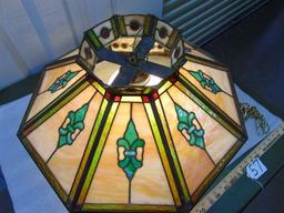 Vtg Tiffany Style Leaded Stained Glass Overhead Light W/ Chain LOCAL PICK UP ONLY