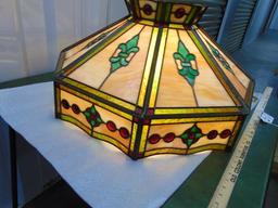 Vtg Tiffany Style Leaded Stained Glass Overhead Light W/ Chain LOCAL PICK UP ONLY