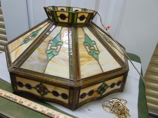 Vtg Tiffany Style Leaded Stained Glass Overhead Light W/ Chain LOCAL PICK UP ONLY