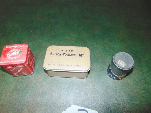 3 Vtg Tins: W W I I Military Button Polishing Kit; Donniford Tobacco Tin &