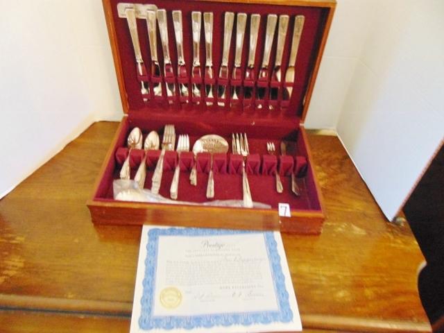 61 Piece Set Of Prestige " The Lovliest Of Silver Plate " Flatware W/ Wood Box &