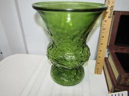 Vtg Mid Century Green Glass Vase & A Stash Box That Looks Like 3 Books