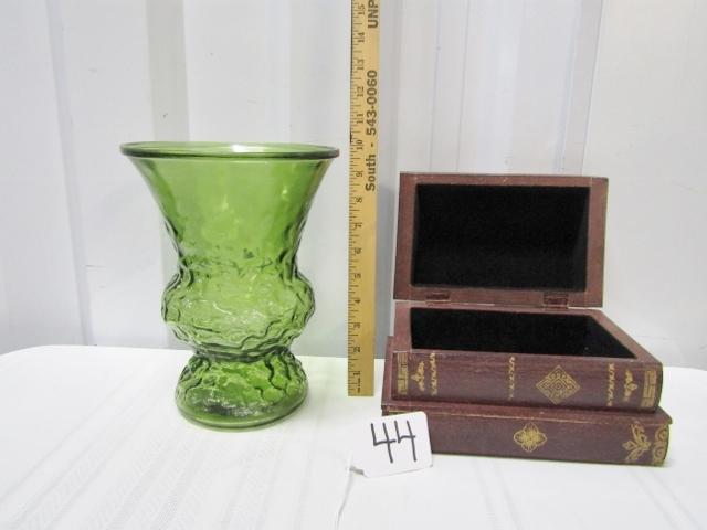 Vtg Mid Century Green Glass Vase & A Stash Box That Looks Like 3 Books