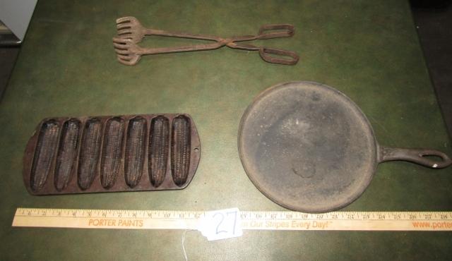 Vtg Cast Iron Corn Bread Pan, Griddle And Cast Iron Canning Tongs