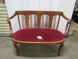 Vtg Solid Wood W/ Mother Of Pearl Inlay And Velour Upholstery Love Seat ( Local Pick Up Only )