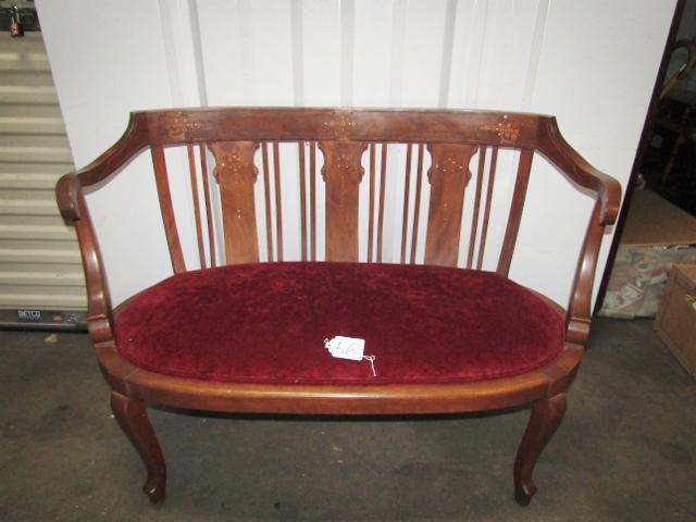 Vtg Solid Wood W/ Mother Of Pearl Inlay And Velour Upholstery Love Seat ( Local Pick Up Only )