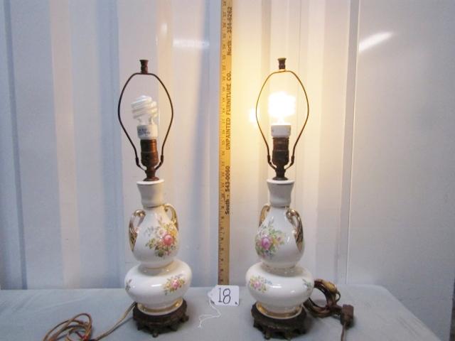 2 Vtg 1940s Matching Porcelain Lamps W/ Floral Designs And Gold