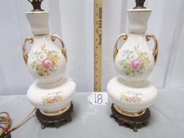 2 Vtg 1940s Matching Porcelain Lamps W/ Floral Designs And Gold