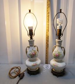 2 Vtg 1940s Matching Porcelain Lamps W/ Floral Designs And Gold