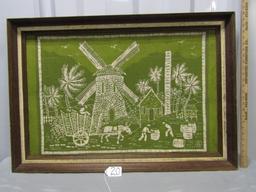 Vtg Framed Silk Screen Art In A Wooden Frame