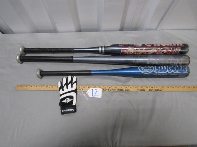 3 Aluminum Ball Bats And A Left Hand Easton Batting Glove