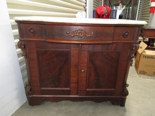 Antique Solid Walnut Burl Wood Console Table W/ Marble Top, Drawer & lower cabinet