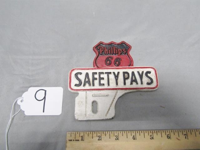 Vtg Cast Iron Phillips 66 License Plate Topper