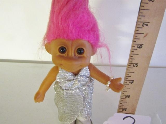 Vtg Troll Doll In Sequinned Dress W/ Pearl Necklace And Bracelet