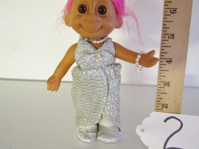 Vtg Troll Doll In Sequinned Dress W/ Pearl Necklace And Bracelet