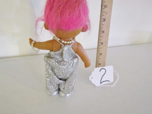 Vtg Troll Doll In Sequinned Dress W/ Pearl Necklace And Bracelet