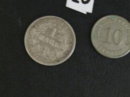 1875 - A Germany Silver 1 Mark Coin And A 1911 - A Germany 10 Pfennig Coin