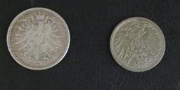 1875 - A Germany Silver 1 Mark Coin And A 1911 - A Germany 10 Pfennig Coin